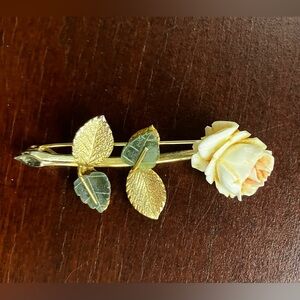 Vintage Floral Brooch Pin with Gold, Green and Cream Accents